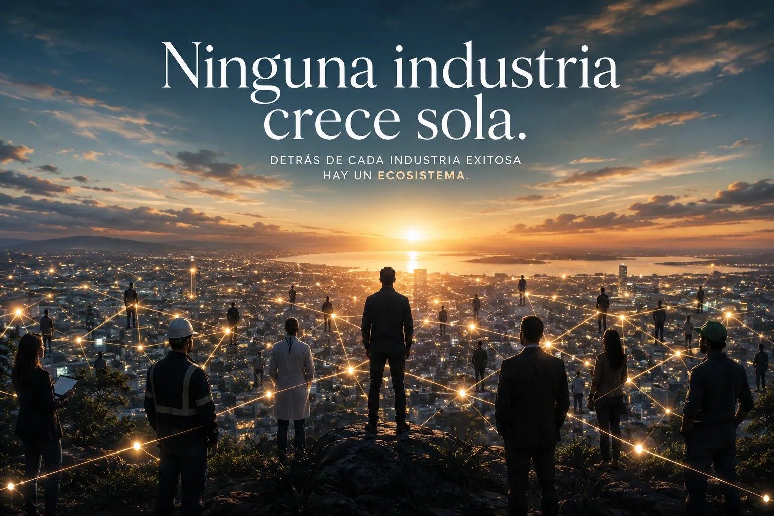 Personas conectadas por una red luminosa sobre una ciudad al amanecer