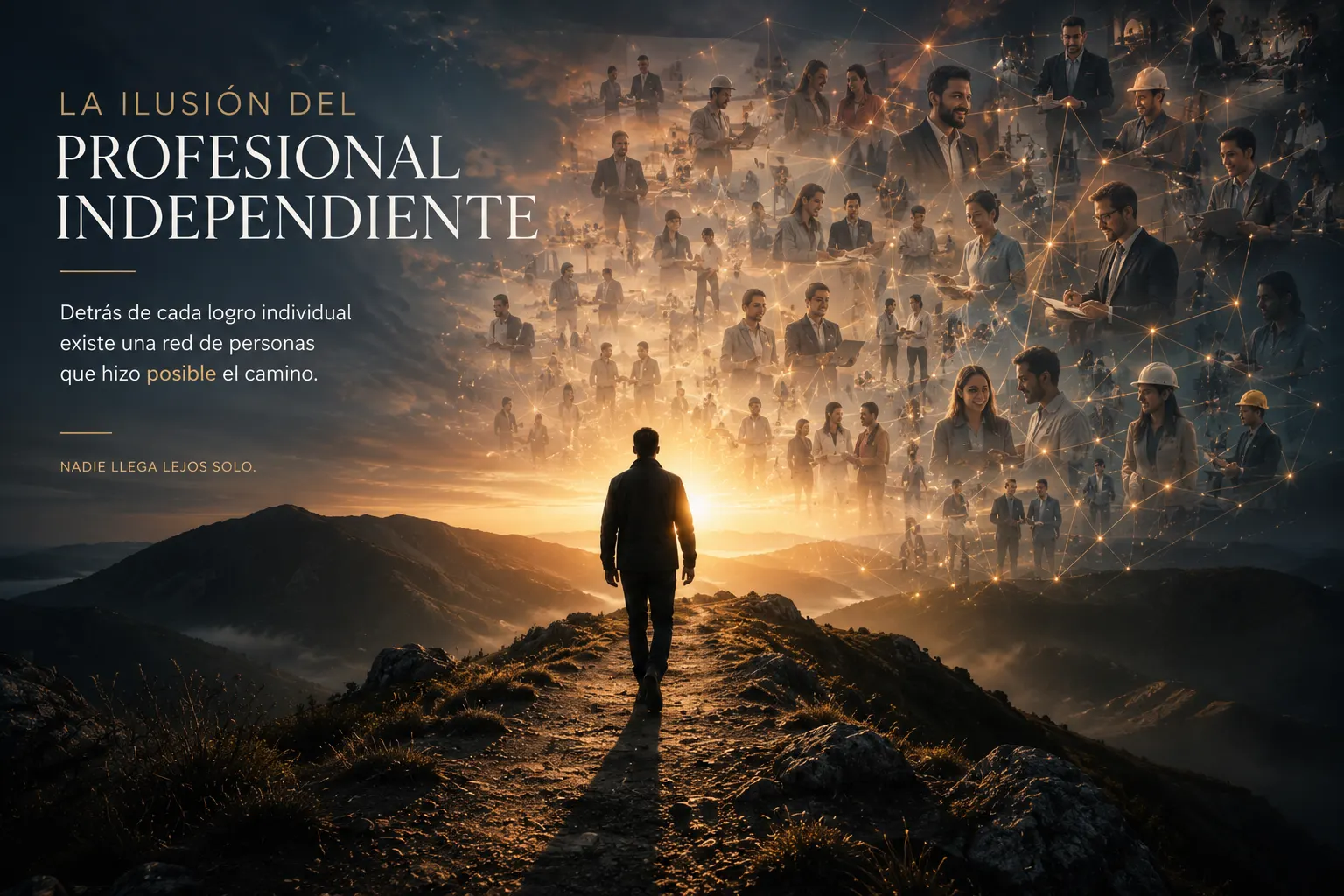 Figura solitaria caminando mientras una red invisible de personas sostiene su avance