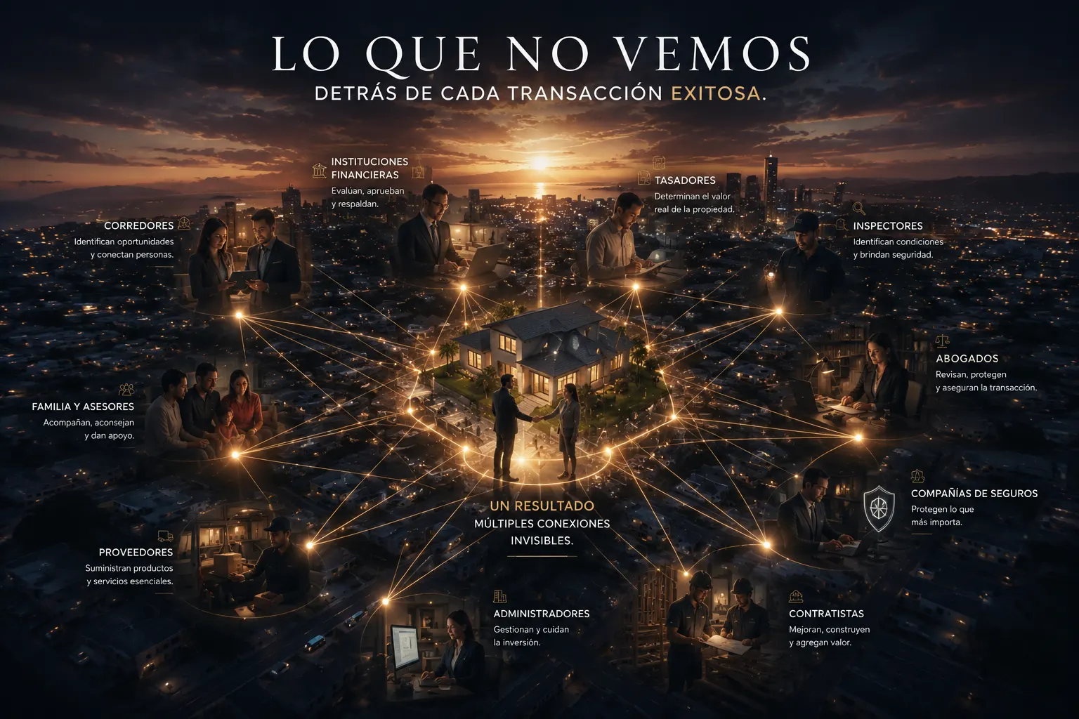 Red conceptual de profesionales conectados alrededor de una transacción inmobiliaria