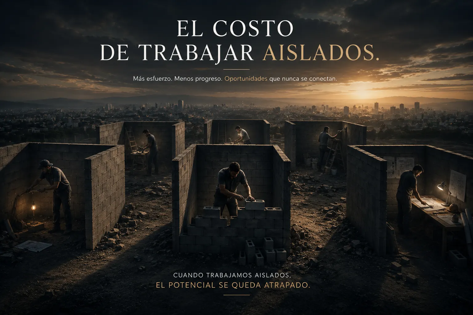 Personas trabajando aisladas dentro de espacios separados en un paisaje dramático