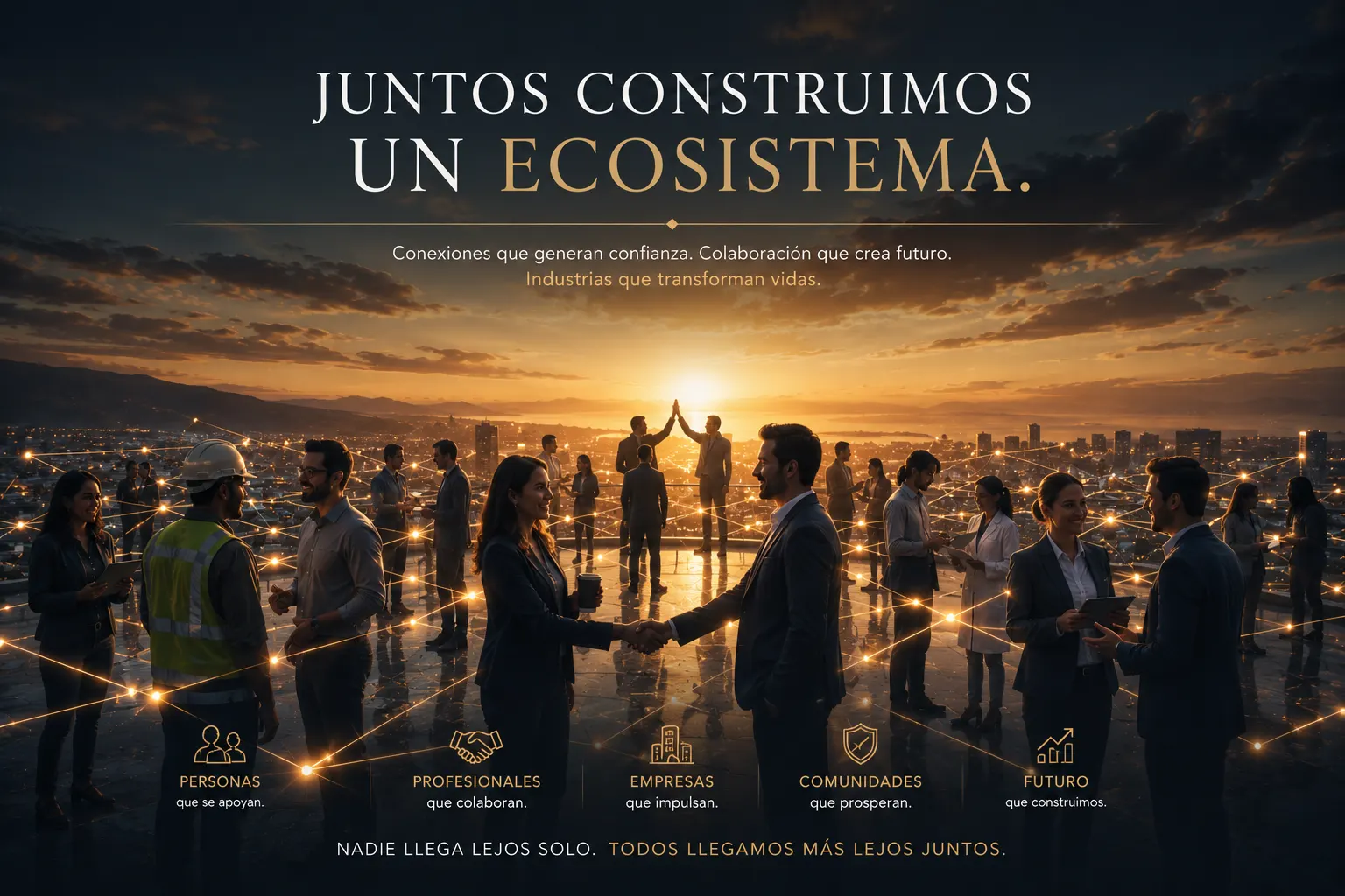 Profesionales colaborando en un ecosistema conectado con ciudad al fondo