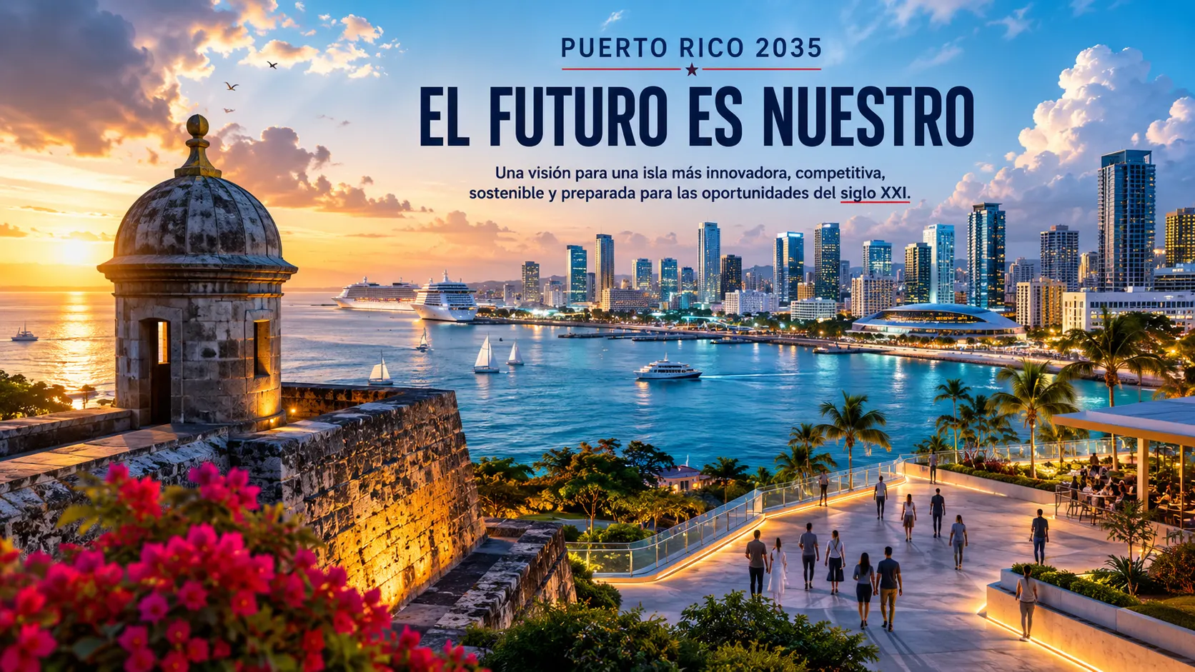 Visión panorámica de Puerto Rico 2035 con El Morro, bahía y skyline moderno
