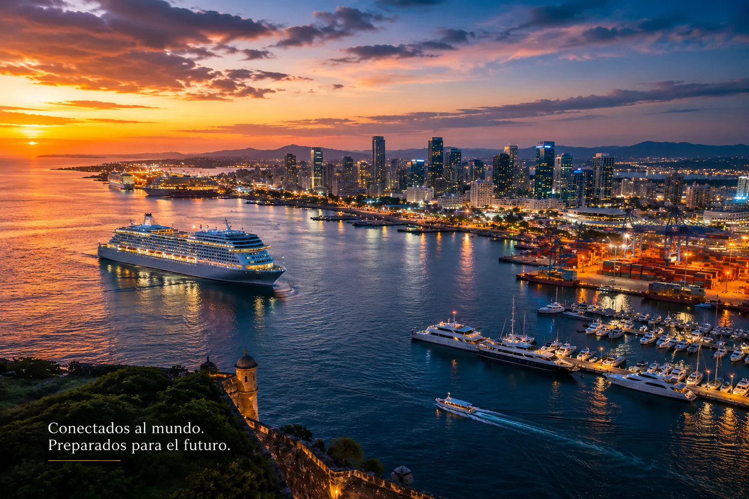 Bahía de San Juan, puerto, cruceros, marina y ciudad al atardecer