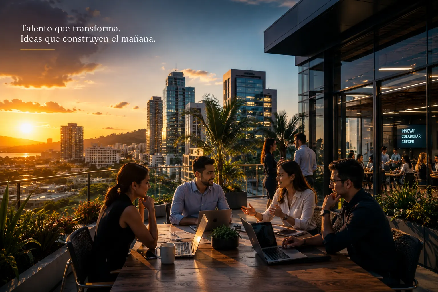 Profesionales colaborando en una terraza moderna en Puerto Rico