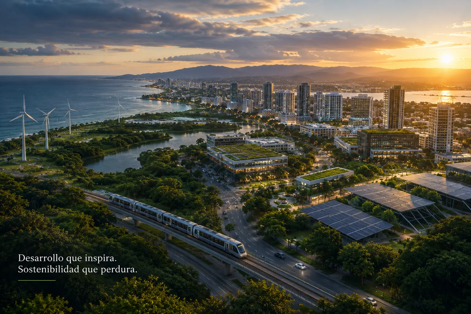 Ciudad costera sostenible con infraestructura verde y energía limpia