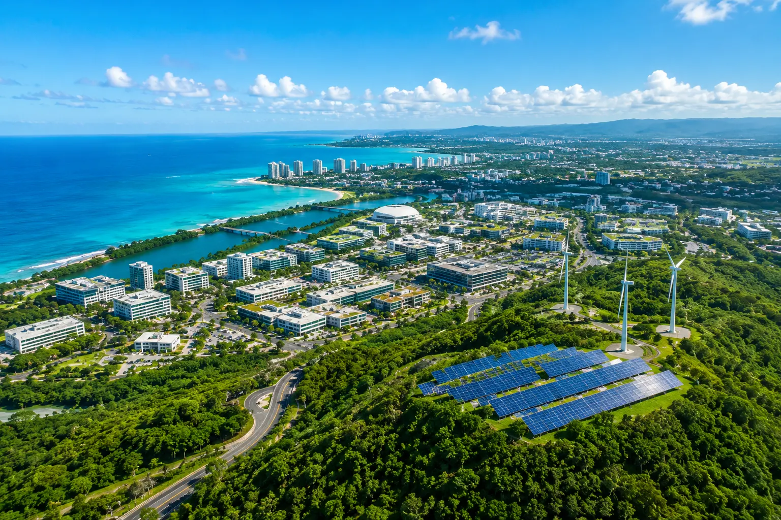 Vista aérea brillante de Puerto Rico 2035 con ciudad, naturaleza, costa y energía limpia